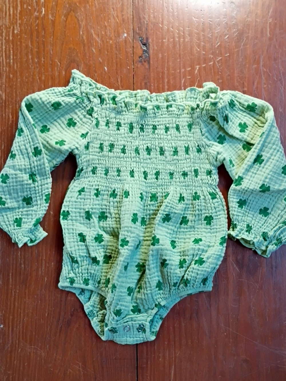 Green Smocked Baby Romper with Clover Print 2t